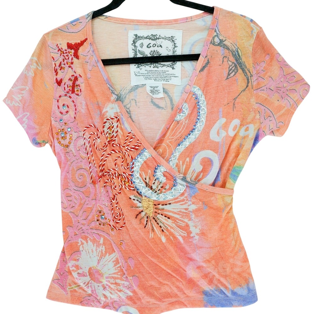 Goa Orange Mixed Media Embroidered Wrap Front Top M Short Sleeve Graphic Tie